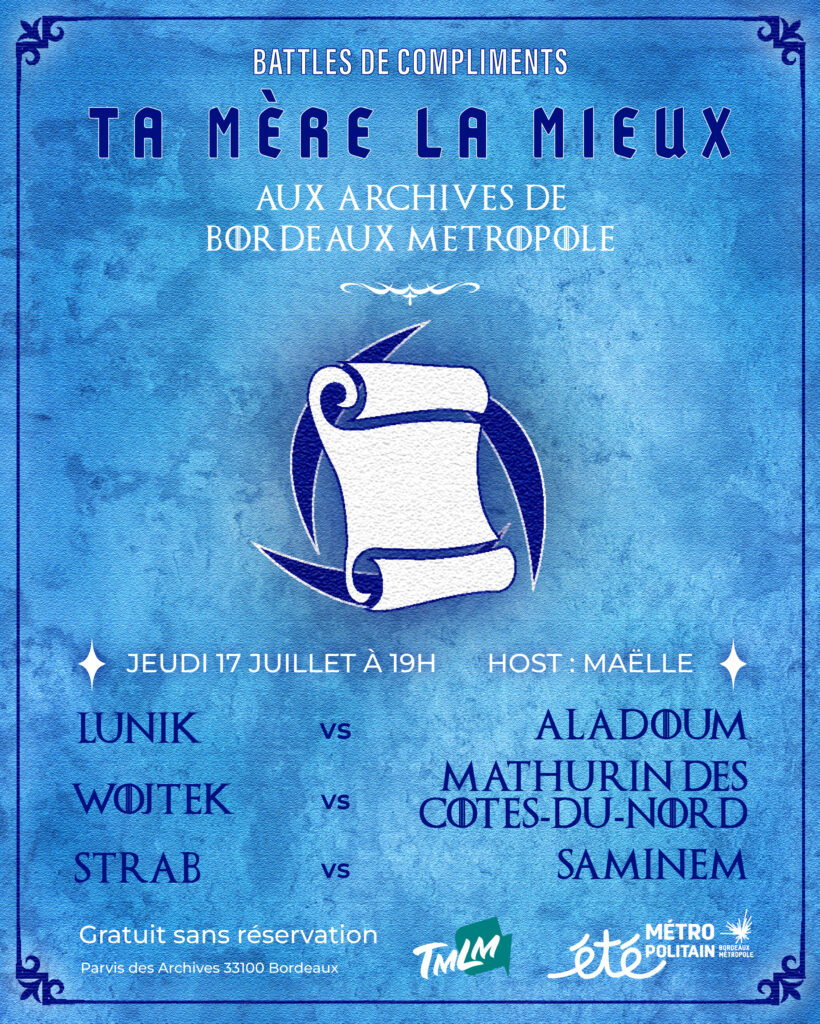 Affiche version "Maison" pour les battles de compliments du 17 juillet aux archives de Bordeaux Métropole