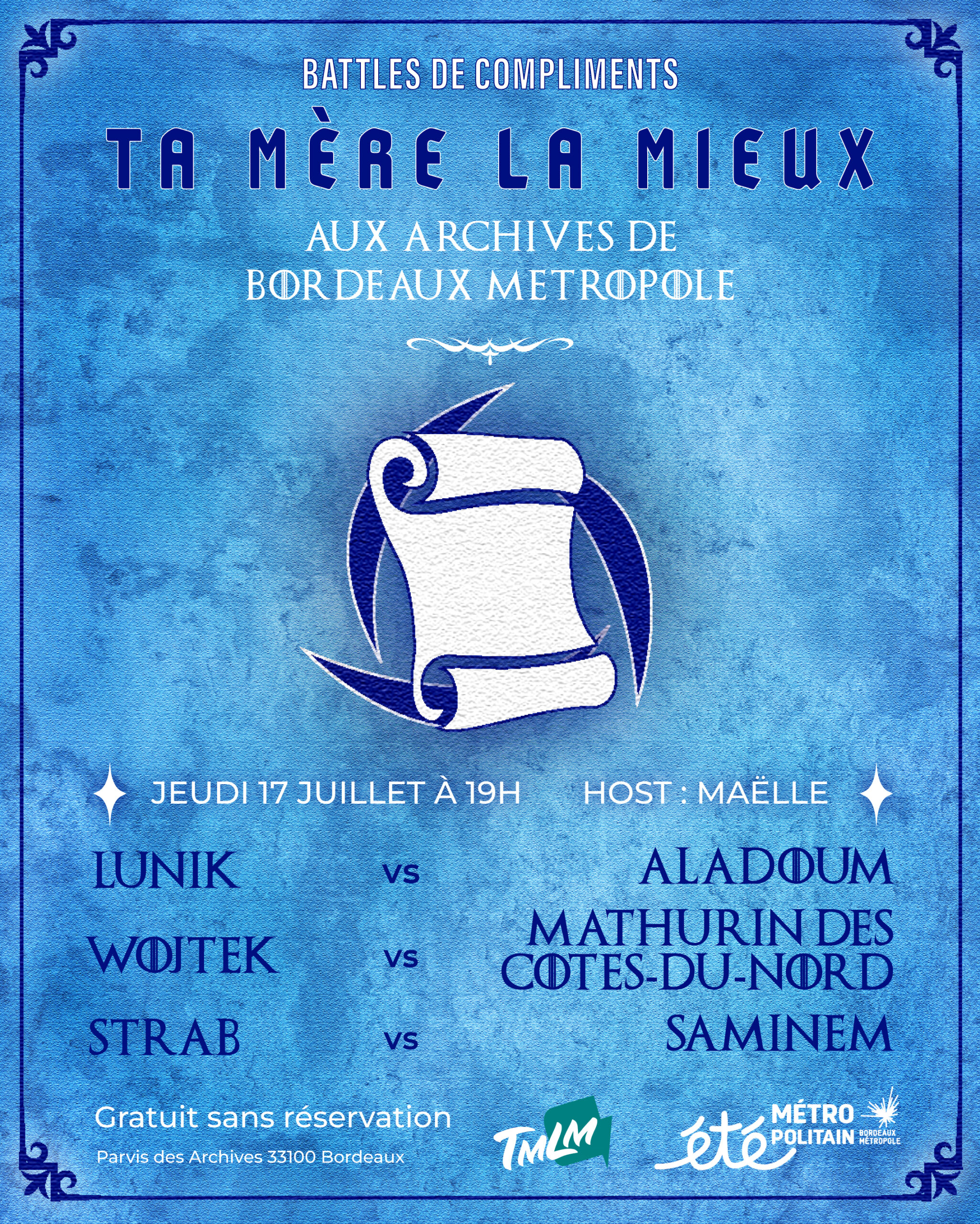 Affiche version "Maison" pour les battles de compliments du 17 juillet aux archives de Bordeaux Métropole